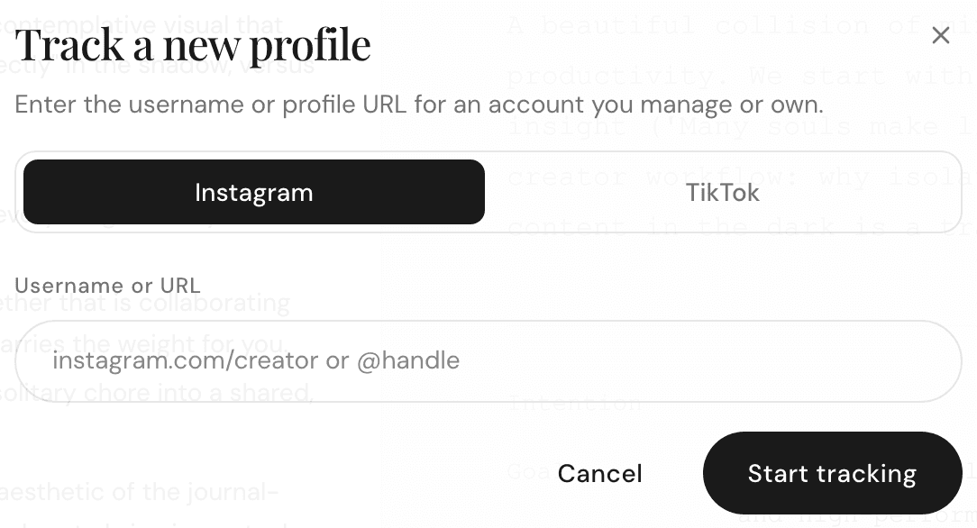 The Track a new profile dialog with the Instagram and TikTok toggle and the Username or URL field