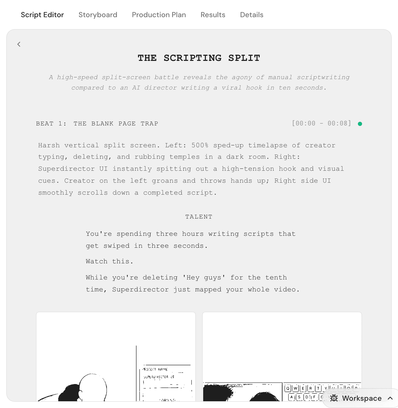 The work tab strip showing Script Editor, Storyboard, Production Plan, Results, and Details, with Results active