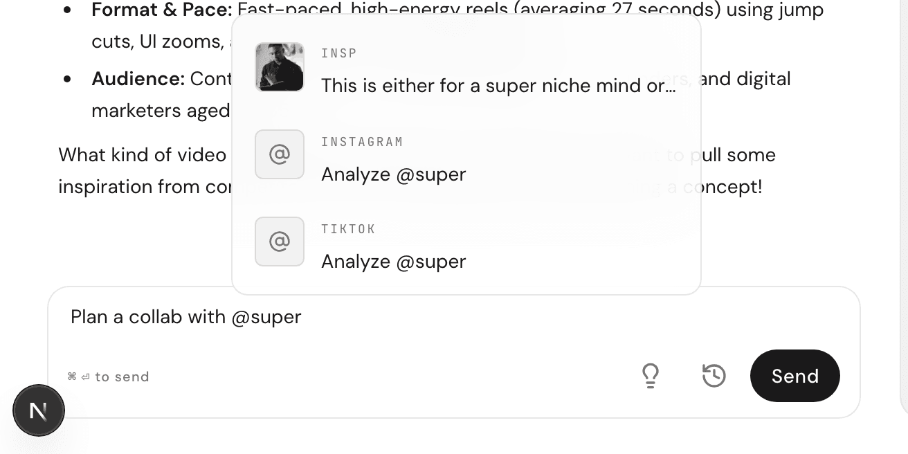 The @ picker open above the message box, listing saved references with thumbnails