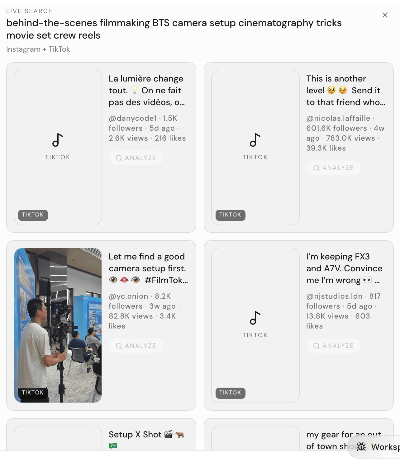 The Live search card mid-run, with the first result cards filled in and placeholders still loading
