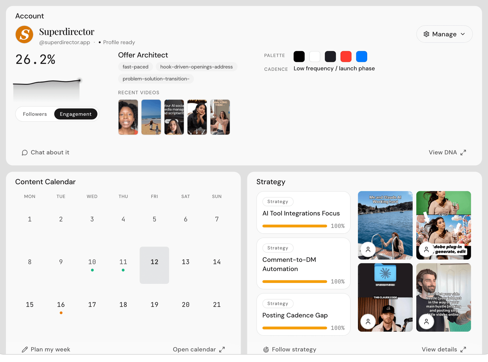 The Account card in Overview with the Engagement view active, showing the engagement rate and trend line
