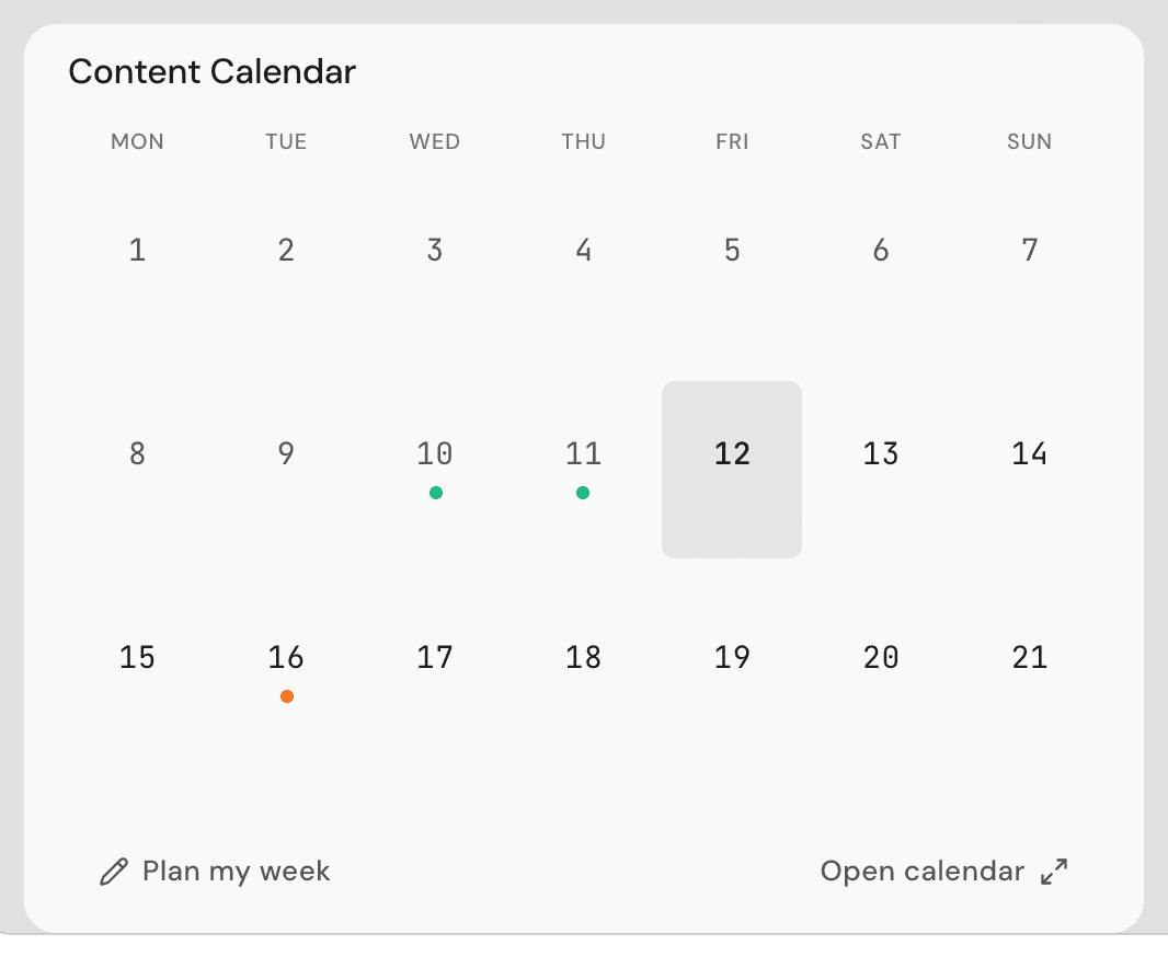 The Content Calendar card in Overview with a three-week calendar and a Plan my week button