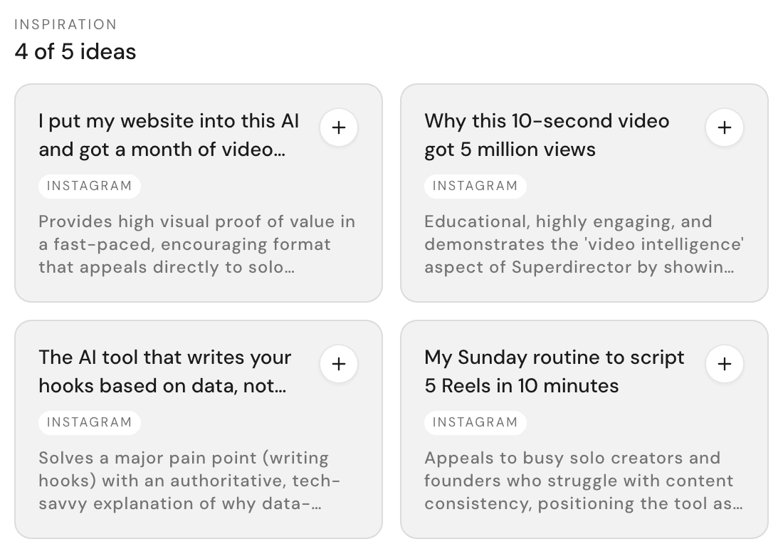 An Inspiration card with idea cards showing thumbnails, view counts, and a why-it-fits note