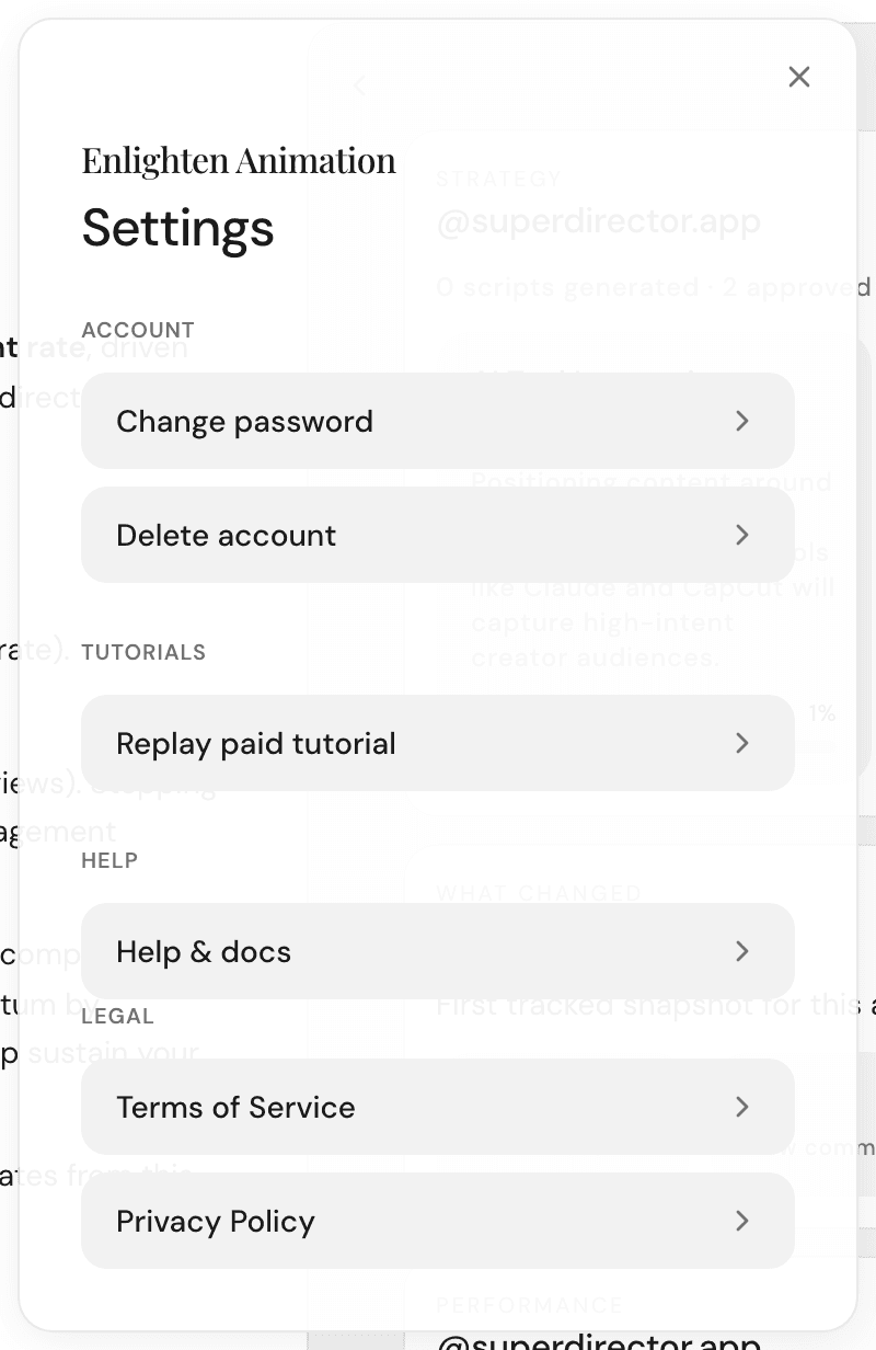 The Settings window open, showing the Account section with Change password and Delete account