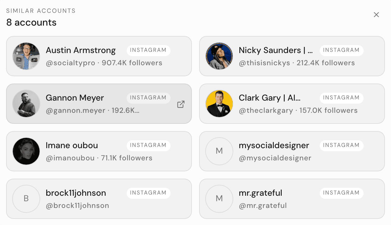 The Similar accounts card in chat listing matched accounts with avatars and handles