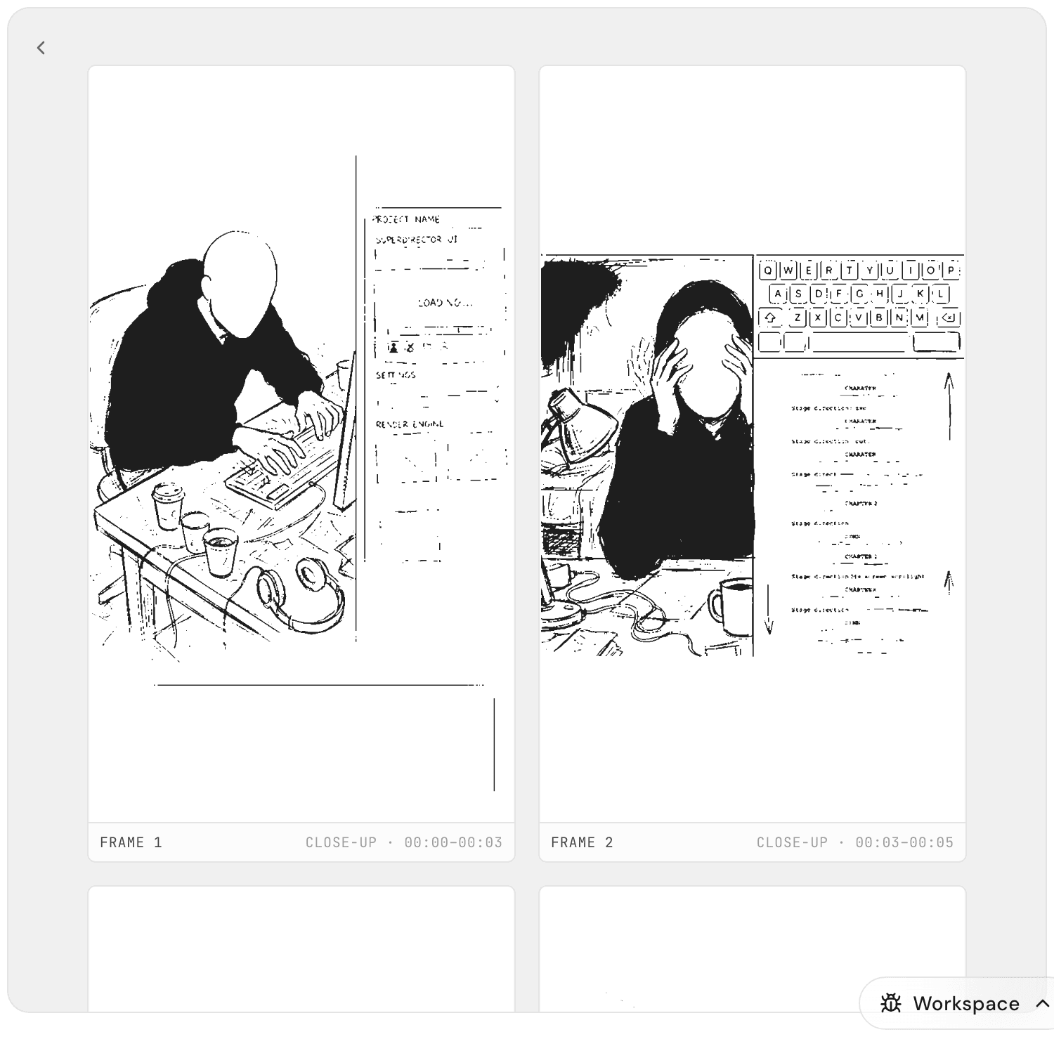Three storyboard frames with frame numbers, camera framing, and time ranges