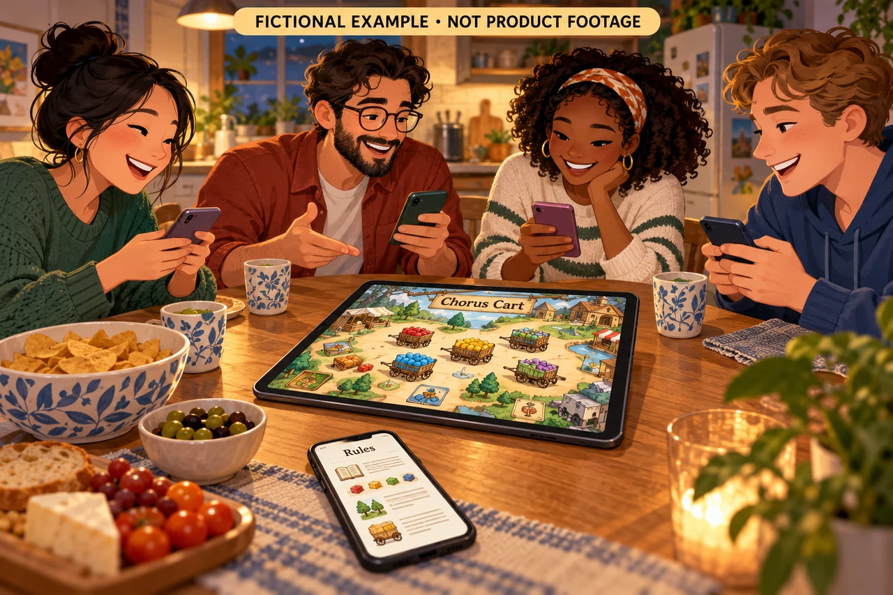 Illustration of a fictional Chorus Cart scene distinguishes a group ready to trade from one visitor reading the rules. It is not a recruited session or acquisition result.