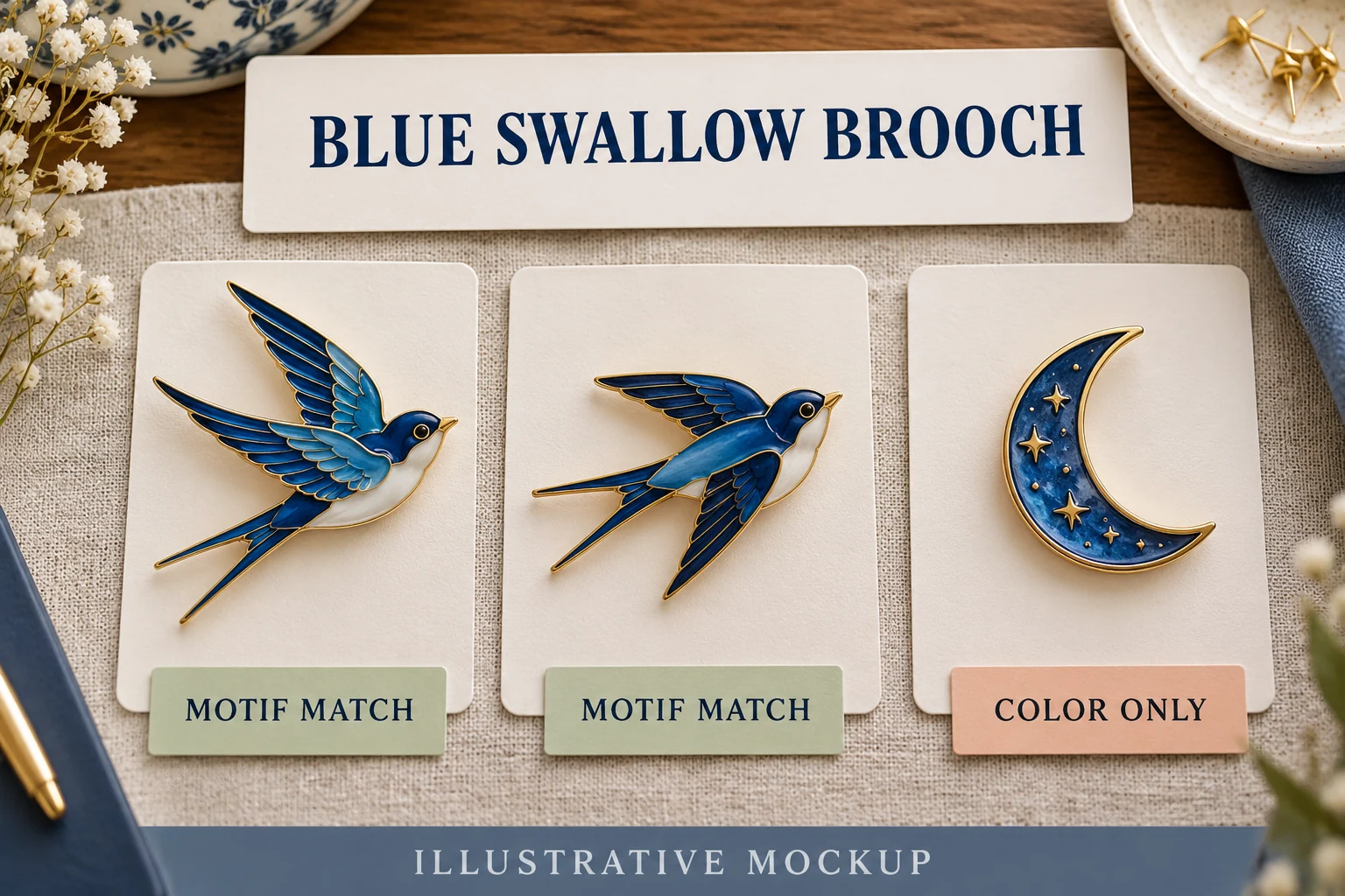 Illustrative blue-swallow query compares two swallow brooches with a blue crescent that matches only the color.