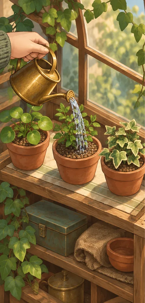 An illustrated hand pours water from a brass can into the central terracotta pot on a greenhouse shelf.