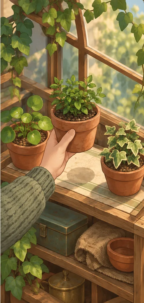 An illustrated hand lifts the central potted plant above the greenhouse shelf to consider its next arrangement.
