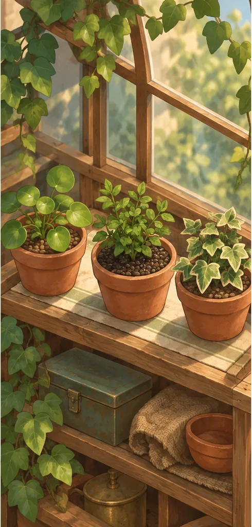 The illustrated central pot rests on the shelf with darker soil after watering; the plants show no claimed growth result.