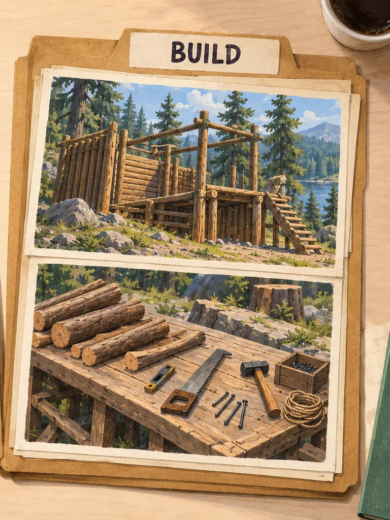 An illustrated BUILD folder holds a timber-fort sketch above a workbench with logs and construction tools.