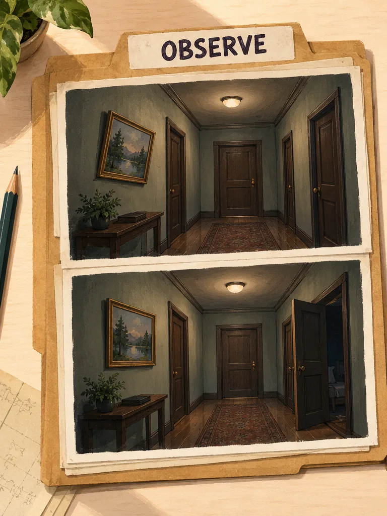An illustrated OBSERVE folder holds two corridor sketches with a changed picture angle and an opened door.