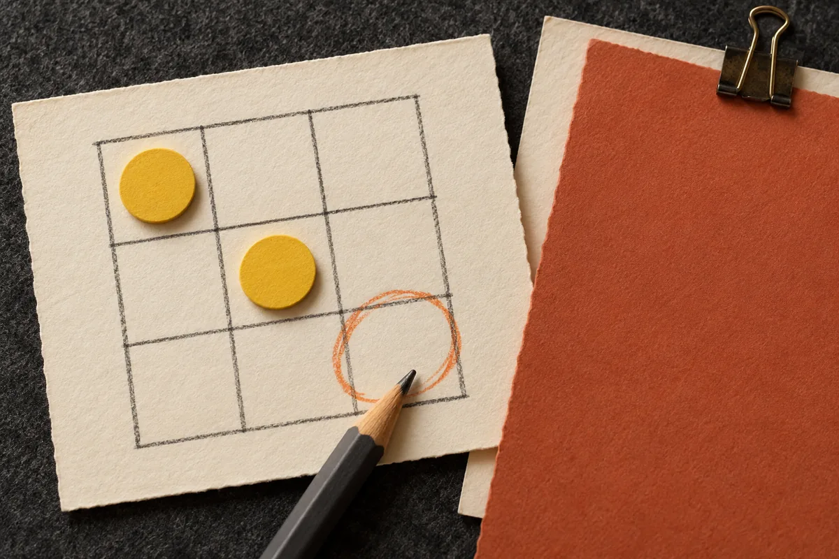 Pencil-drawn three-by-three planning grid with two yellow counters and an orange decision circle beside a second card concealed by terracotta paper.