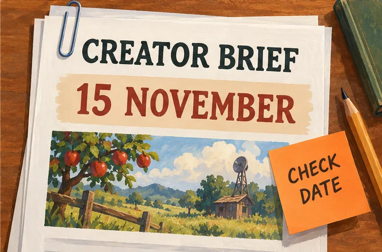 An illustrated CREATOR BRIEF still says 15 NOVEMBER and carries an orange CHECK DATE note.