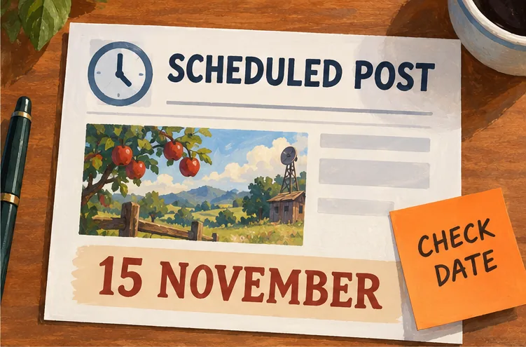An illustrated SCHEDULED POST card still says 15 NOVEMBER and carries an orange CHECK DATE note.