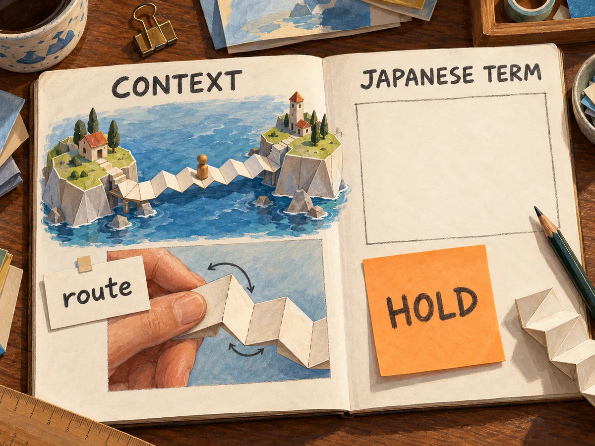 An open review packet pairs a folded paper bridge between islands and a folding detail with a blank Japanese Term field and a Hold note.